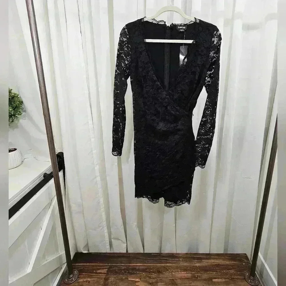 Bebe Women's S Black Surplice Asymmetrical is Hem Lace Dress NWT